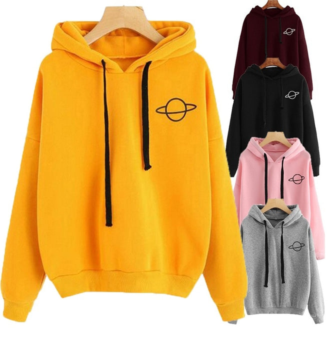 Women Hoodies Planet Print Casual Solid Loose Drawstring Sweatshirt Fashion Long Sleeve Hooded 2019 Autumn Female Pullover
